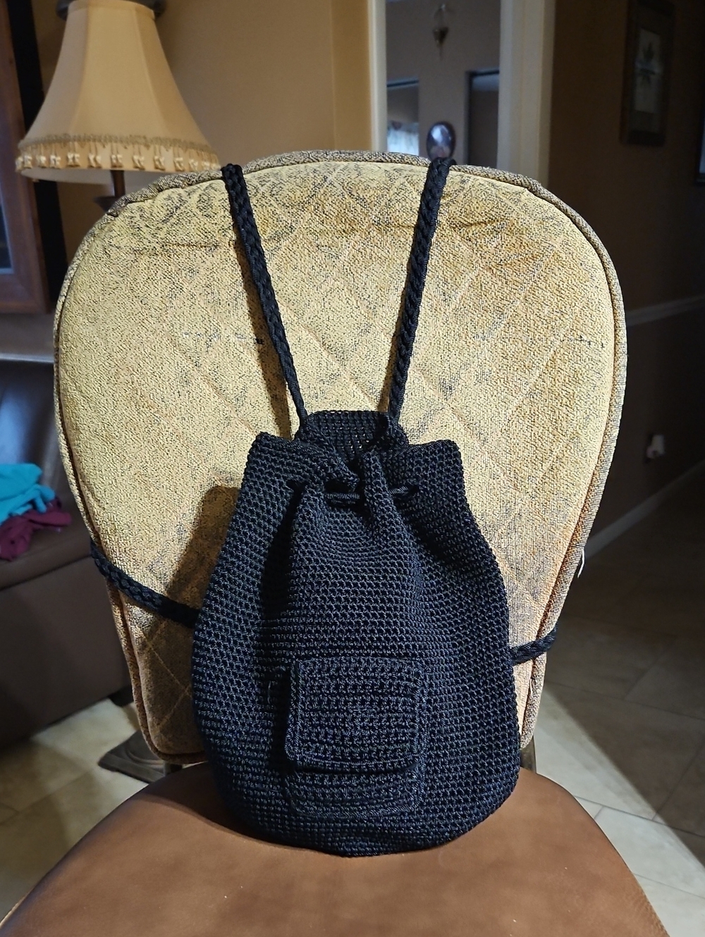 The Sak Dylan Black Crochet Knit Drawstring Backpack Bag Purse